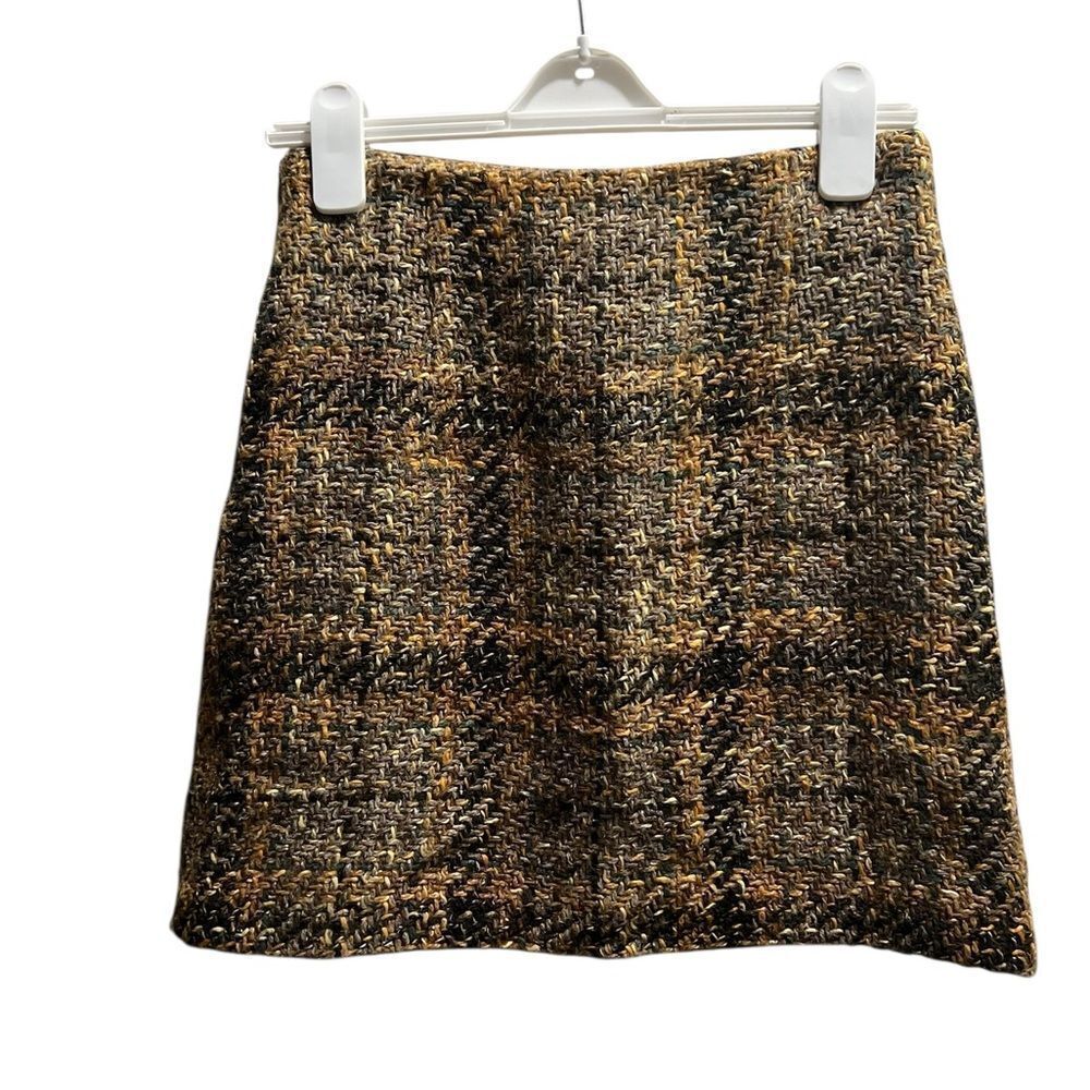 Hirsch Wool Blend Tweed Plaid Mini Skirt Brown Mustard Black Size 36 (US 6)